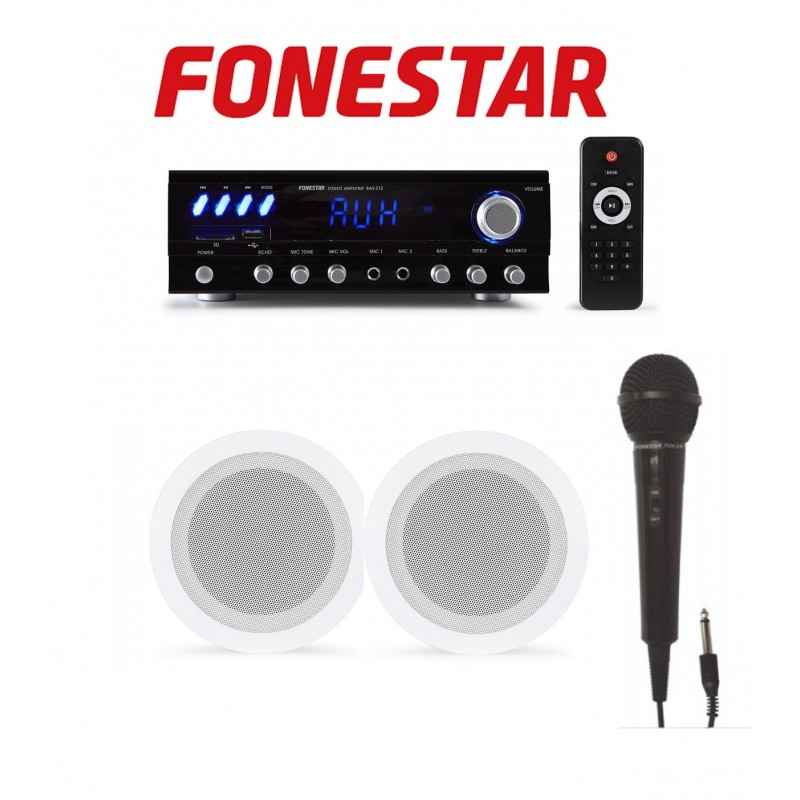 KIT SONIDO 3 - AMPLIFICADOR KARAOKE 15 + 15W RMS, 2 ALTAVOCES DE TECHO Y MICRÓFONO DINAMICO DE MANO FONESTAR