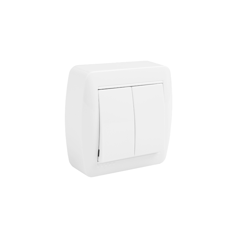 Doble conmutador / interruptor 10AX 250V~. Dimensiones 74x72x28.