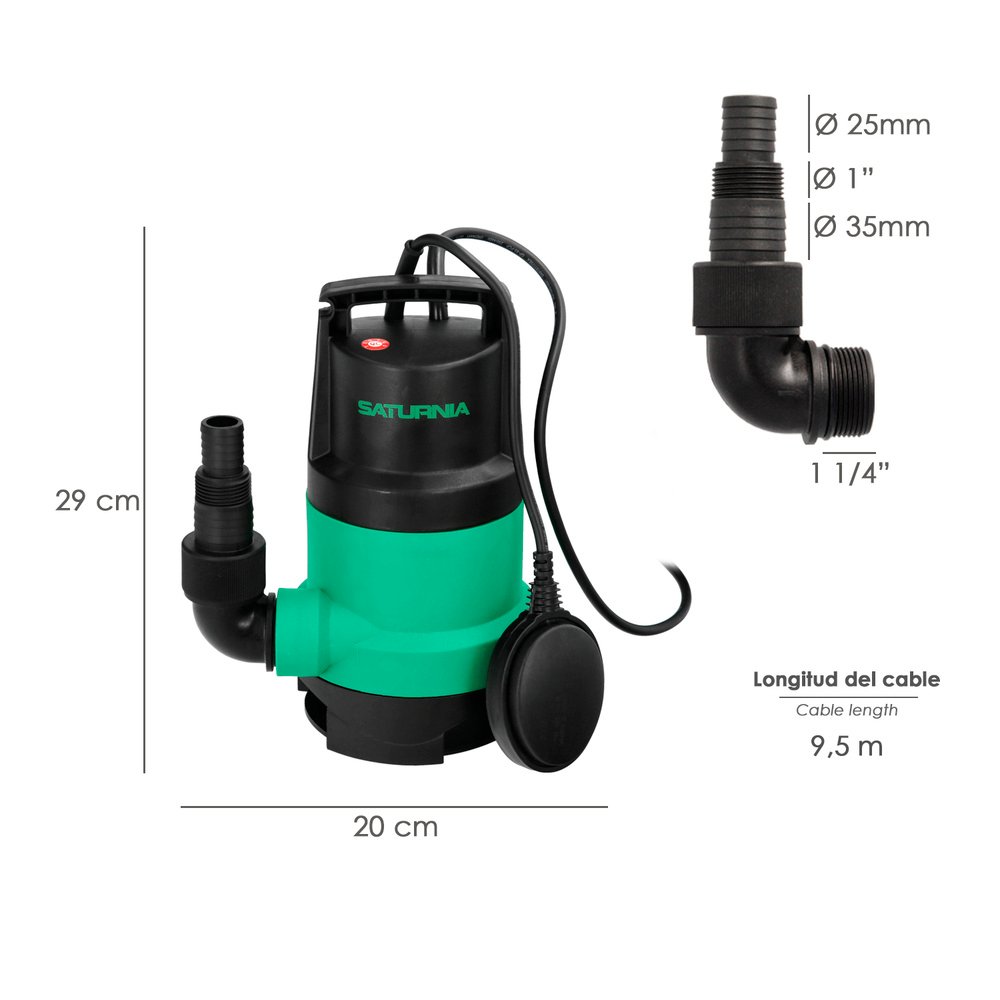 Bomba Aguas Sucias Sumergible 450 W. 8.000 lts/hora, Profundidad 5 Mts, Elevación 5,5 mts. Particulas max. Ø 30 mm. 2 Bomba Aguas Sucias Sumergible 450 W. 8.000 lts/hora, Profundidad 5 Mts, Elevación 5,5 mts. Particulas max. Ø 30 mm.