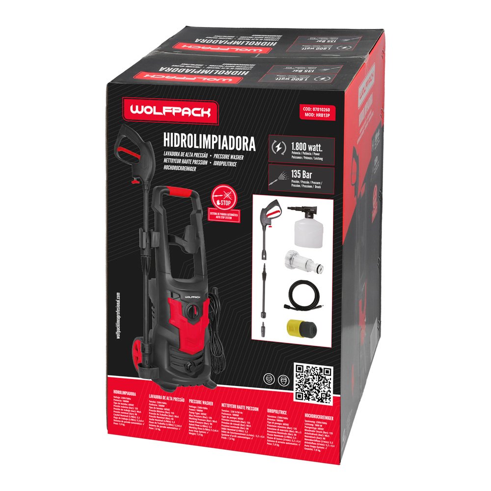 Hidrolimpiadora Alta Presión 135 Bares 1.800 Watt. Con Accesorios. 330 Litros / Hora. Limpiadora de Agua Con Deposito Detergente 6 Hidrolimpiadora Alta Presión 135 Bares 1.800 Watt. Con Accesorios. 330 Litros / Hora. Limpiadora de Agua Con Deposito Detergente
