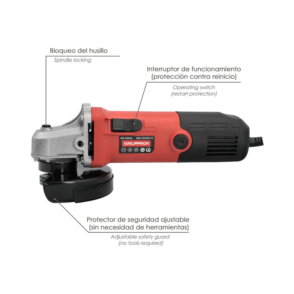 Amoladora 500 Watt. Ø 115 mm. 12.000 R.P.M. Eje M14 Protector Disco Ajustable, Anti arranque 3 Amoladora 500 Watt. Ø 115 mm. 12.000 R.P.M. Eje M14 Protector Disco Ajustable, Anti arranque