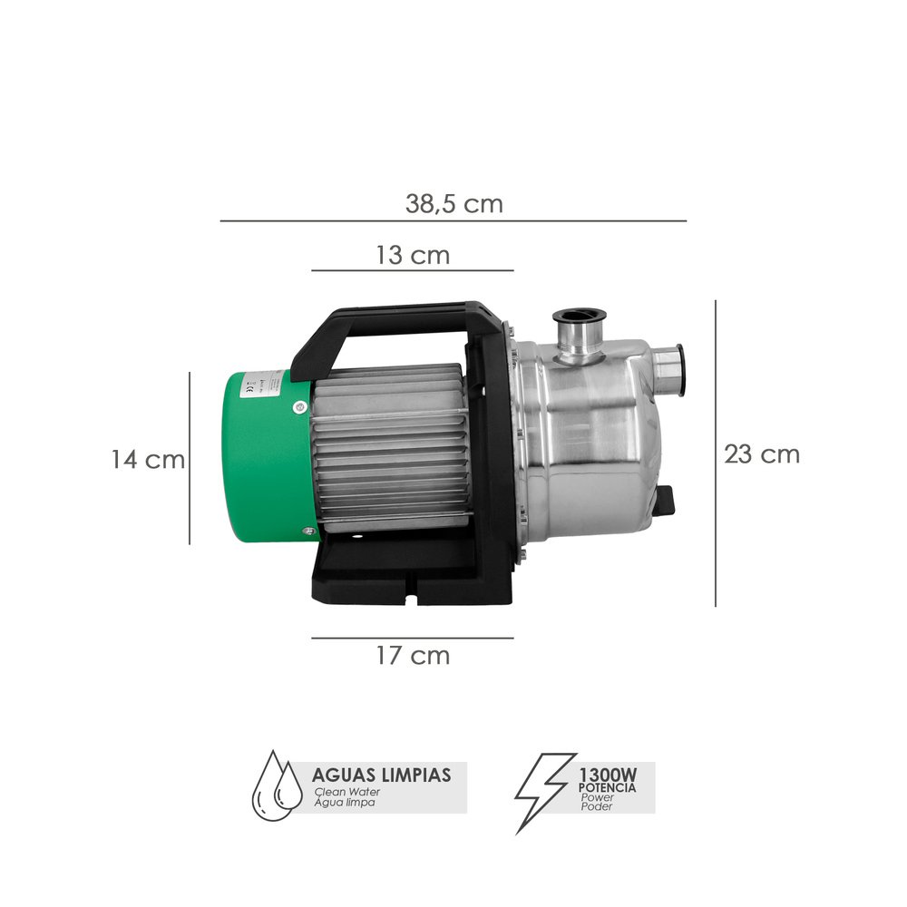 Bomba Aguas Limpias Superficie Acero Inoxidable 1.300 W. 5.000 lts/hora, Profundidad 8 Mts Elevación 50 mts. Presion Max: 5 Bar 3 Bomba Aguas Limpias Superficie Acero Inoxidable 1.300 W. 5.000 lts/hora, Profundidad 8 Mts Elevación 50 mts. Presion Max: 5 Bar