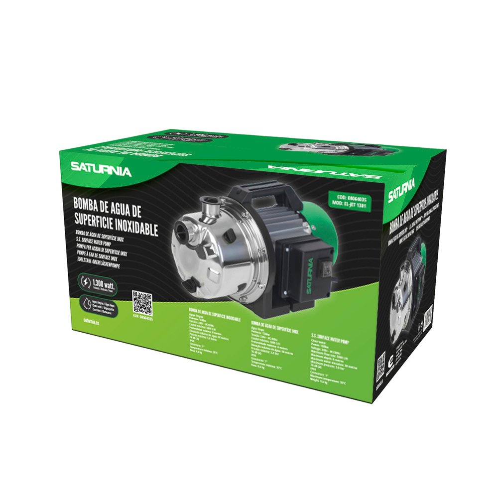 Bomba Aguas Limpias Superficie Acero Inoxidable 1.300 W. 5.000 lts/hora, Profundidad 8 Mts Elevación 50 mts. Presion Max: 5 Bar 6 Bomba Aguas Limpias Superficie Acero Inoxidable 1.300 W. 5.000 lts/hora, Profundidad 8 Mts Elevación 50 mts. Presion Max: 5 Bar