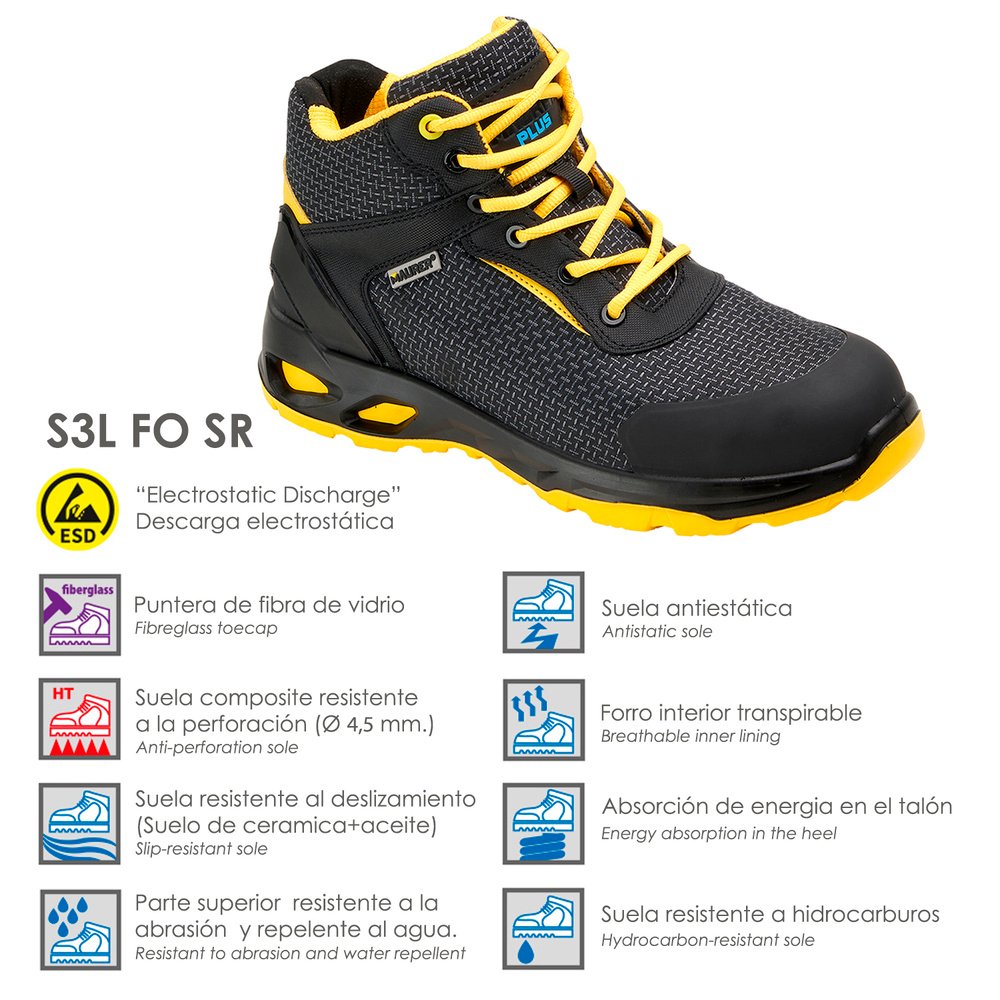 Botas Seguridad Maurer S3 Modelo Amerina Antideslizante con Suela Resistente a los Hidrocarburos. Talla