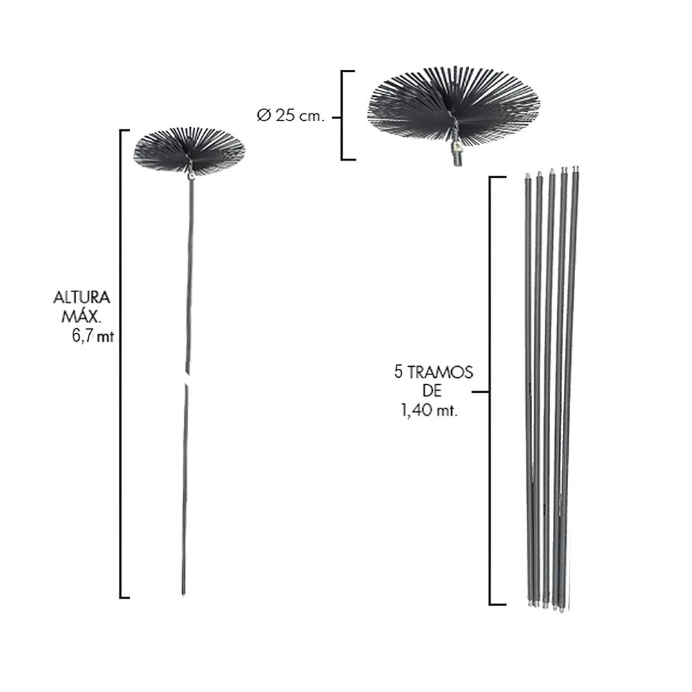 Deshollinador Cepillo Kit Chimeneas 6,7 metros x 250 mm. Diámetro. 2 Deshollinador Cepillo Kit Chimeneas 6,7 metros x 250 mm. Diámetro.