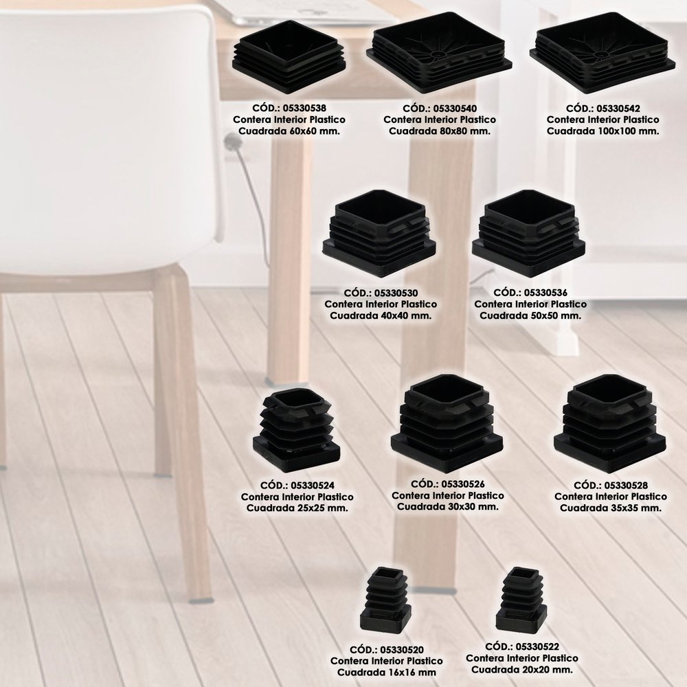 Contera Interior Plastico Cuadrada 100x100 mm. Color Negro. Bolsa 25 Unidades. Contera Mesa, Silla, Muebles, Estanteria 7 Contera Interior Plastico Cuadrada 100x100 mm. Color Negro. Bolsa 25 Unidades. Contera Mesa, Silla, Muebles, Estanteria