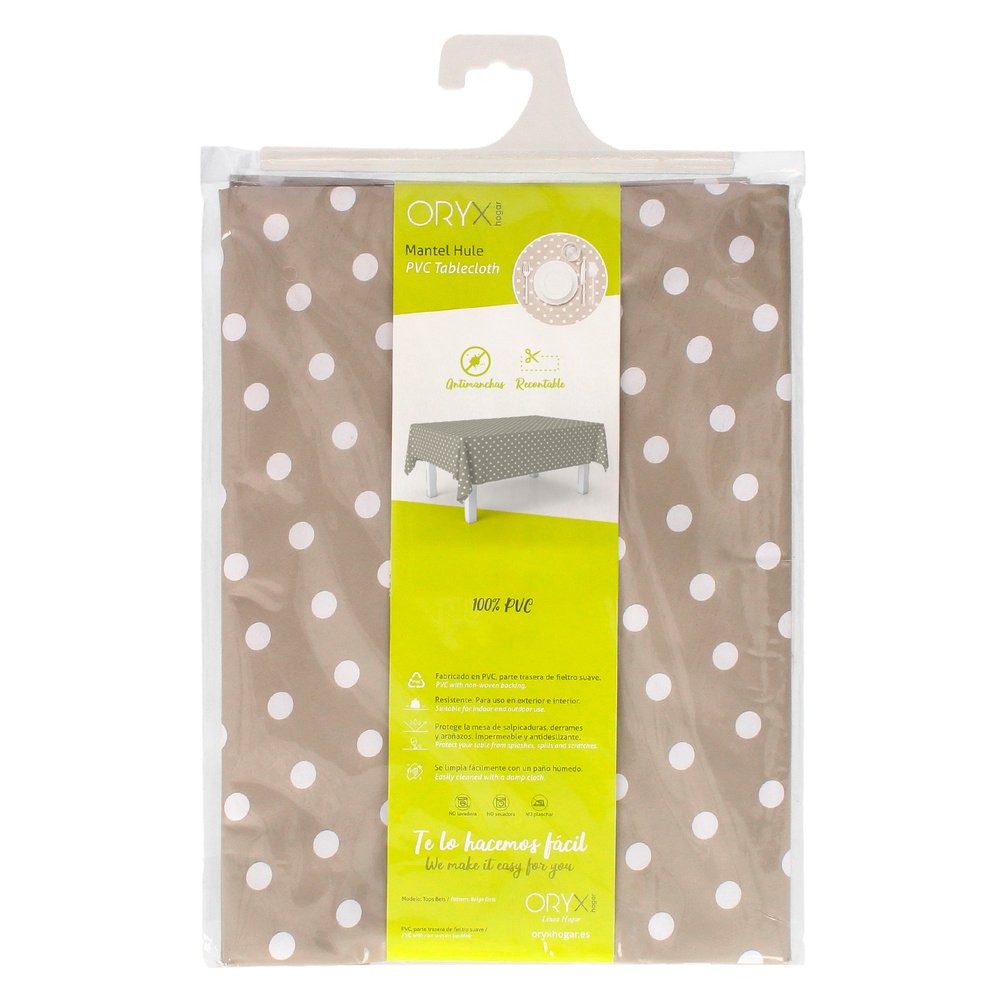 Mantel Hule Rectangular Topos Beige Impermeable Antimanchas PVC 140x250 cm.  Recortable Uso Interior y Exterior