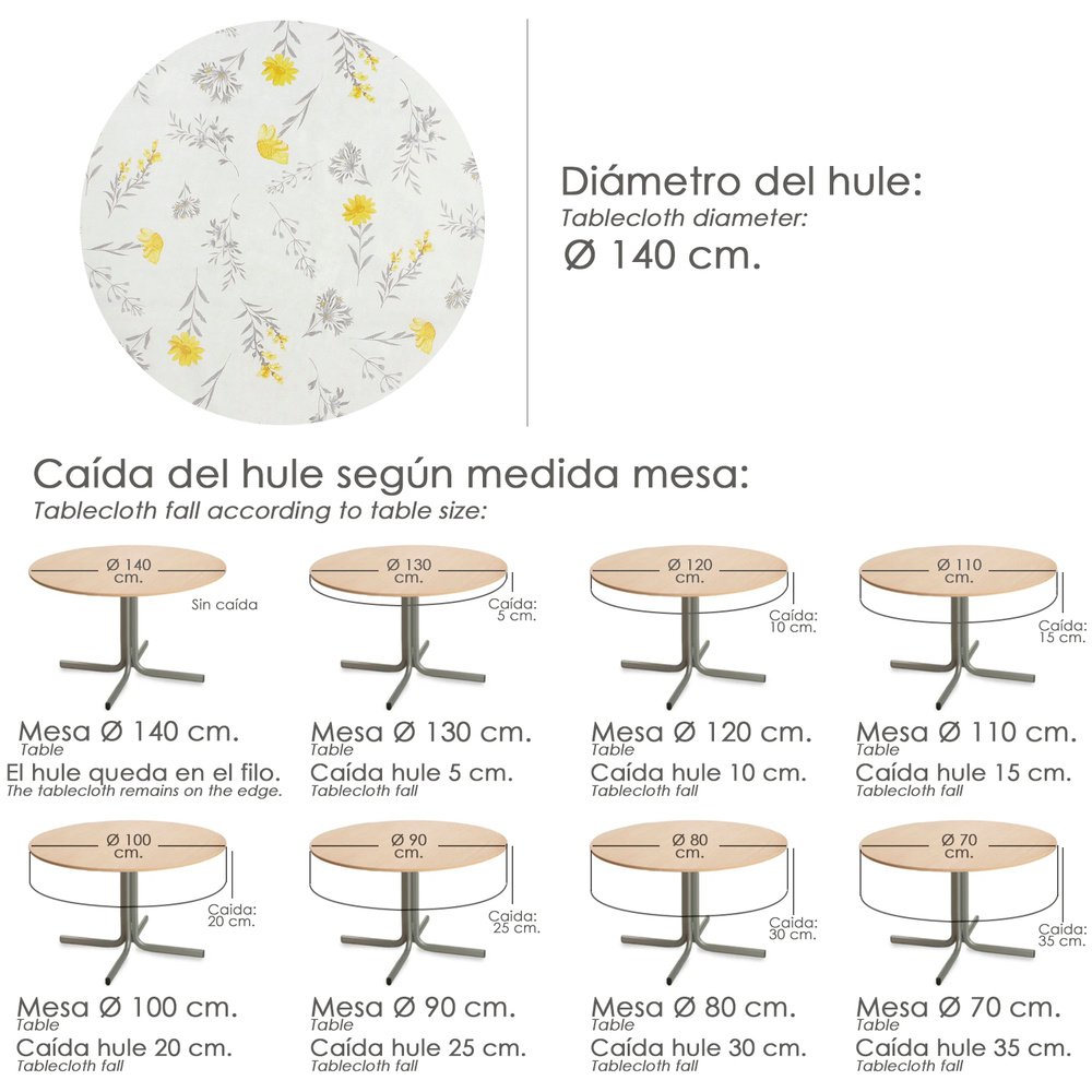 Mantel Hule Redondo Flores Amarillas Impermeable Antimanchas PVC Ø140 cm. Uso Interior y Exterior 5 Mantel Hule Redondo Flores Amarillas Impermeable Antimanchas PVC Ø140 cm. Uso Interior y Exterior