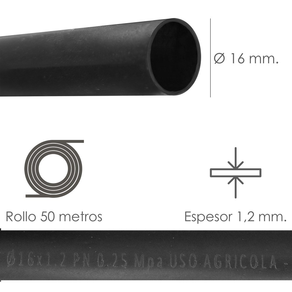 Tuberia De Riego Por Goteo Ø 16 mm. Espesor Tubo 1,2 mm. Uso Agricola 50 Metros 2 Tuberia De Riego Por Goteo Ø 16 mm. Espesor Tubo 1,2 mm. Uso Agricola 50 Metros