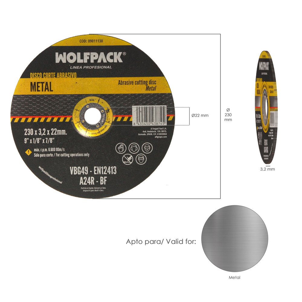 Disco Corte Abrasivo Metal Ø 230 x Ø 22 mm. Espesor 3,2 mm.Disco Radial / Amoladora Universal 2 Disco Corte Abrasivo Metal Ø 230 x Ø 22 mm. Espesor 3,2 mm.Disco Radial / Amoladora Universal