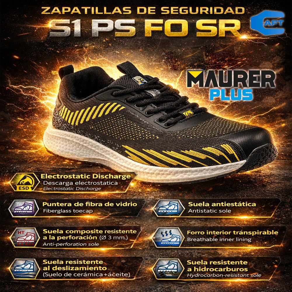 Deportiva Seguridad Maurer S1 Modelo Lusitania Antideslizante con suela y puntera antiperf Resistente a los Hidrocarburos Nº