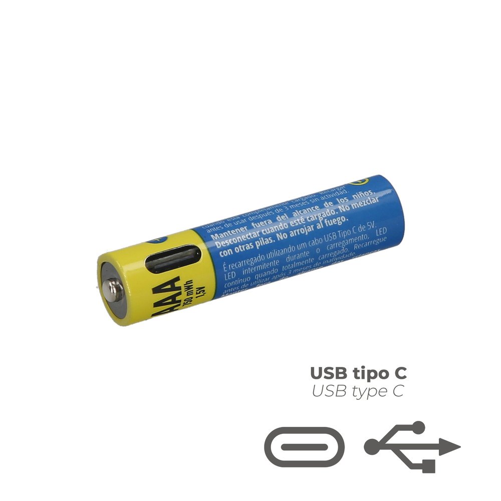 Pila Litio Recargable "AAA" 1,5V USB-C (4 Unidades) 3 Pila Litio Recargable "AAA" 1,5V USB-C (4 Unidades)