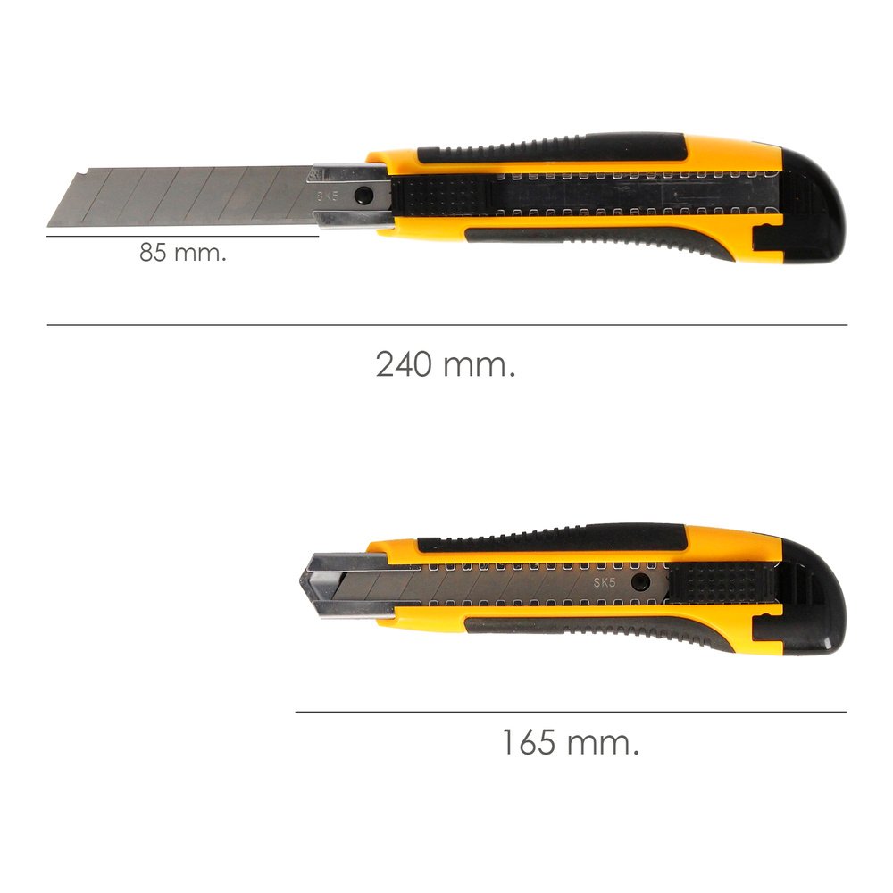 Cutter Con Hoja De 18 mm. Con 2 Hojas. Acero SK5. Agarre Engomado Bimaterial. Pulsador Seguridad Liberación hoja. Cuters Cutters 2 Cutter Con Hoja De 18 mm. Con 2 Hojas. Acero SK5. Agarre Engomado Bimaterial. Pulsador Seguridad Liberación hoja. Cuters Cutters