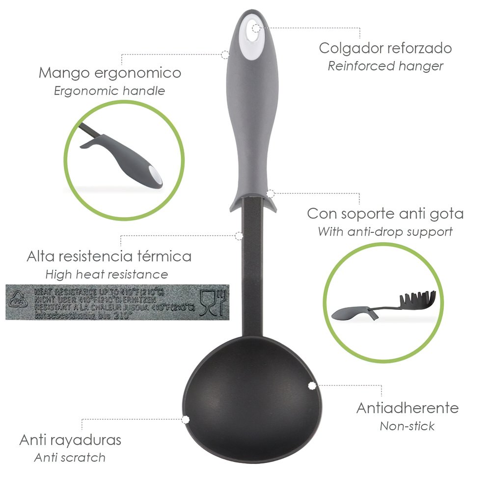 Cucharon Servir Cocina Nylon Con Mango Antigotas Engomado 32 x 9,8 cm. 4 Cucharon Servir Cocina Nylon Con Mango Antigotas Engomado 32 x 9,8 cm.