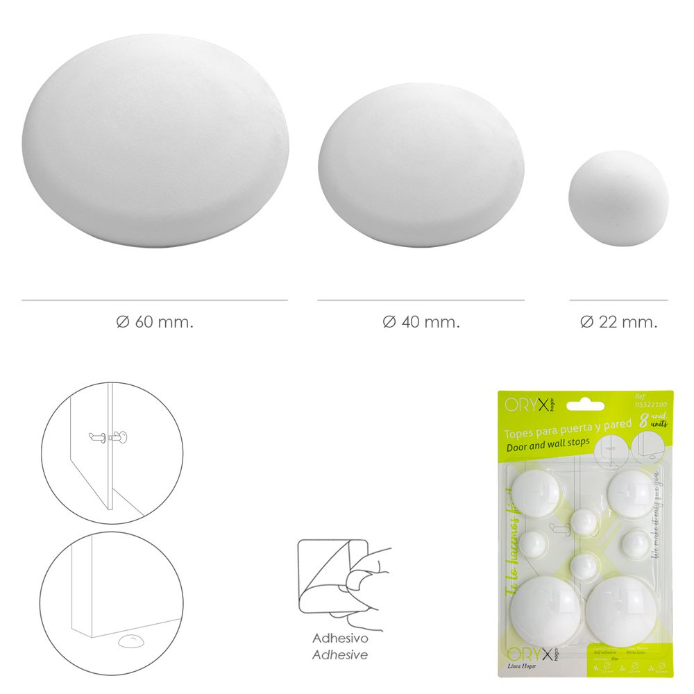 Topes Adhesivos para Paredes / Puertas / Ventanas / Mobiliario 2 x Ø 60 mm. / 2 x 40 mm. / 4 x 22 mm. (Blister 8 piezas) 2 Topes Adhesivos para Paredes / Puertas / Ventanas / Mobiliario 2 x Ø 60 mm. / 2 x 40 mm. / 4 x 22 mm. (Blister 8 piezas)