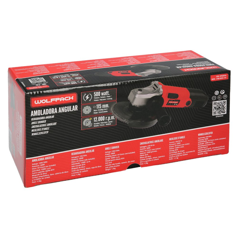 Amoladora 500 Watt. Ø 115 mm. 12.000 R.P.M. Eje M14 Protector Disco Ajustable, Anti arranque 5 Amoladora 500 Watt. Ø 115 mm. 12.000 R.P.M. Eje M14 Protector Disco Ajustable, Anti arranque