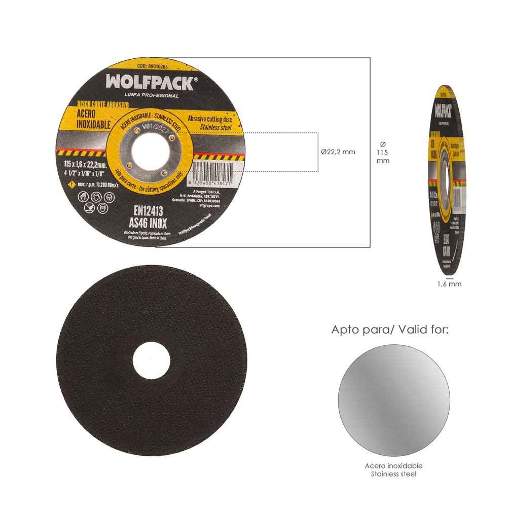 Disco Corte Abrasivo Acero Inoxidable Plus Ø 115x Ø 22,2 mm Espesor 1,6 mm. Disco Radial / Amoladora Universal