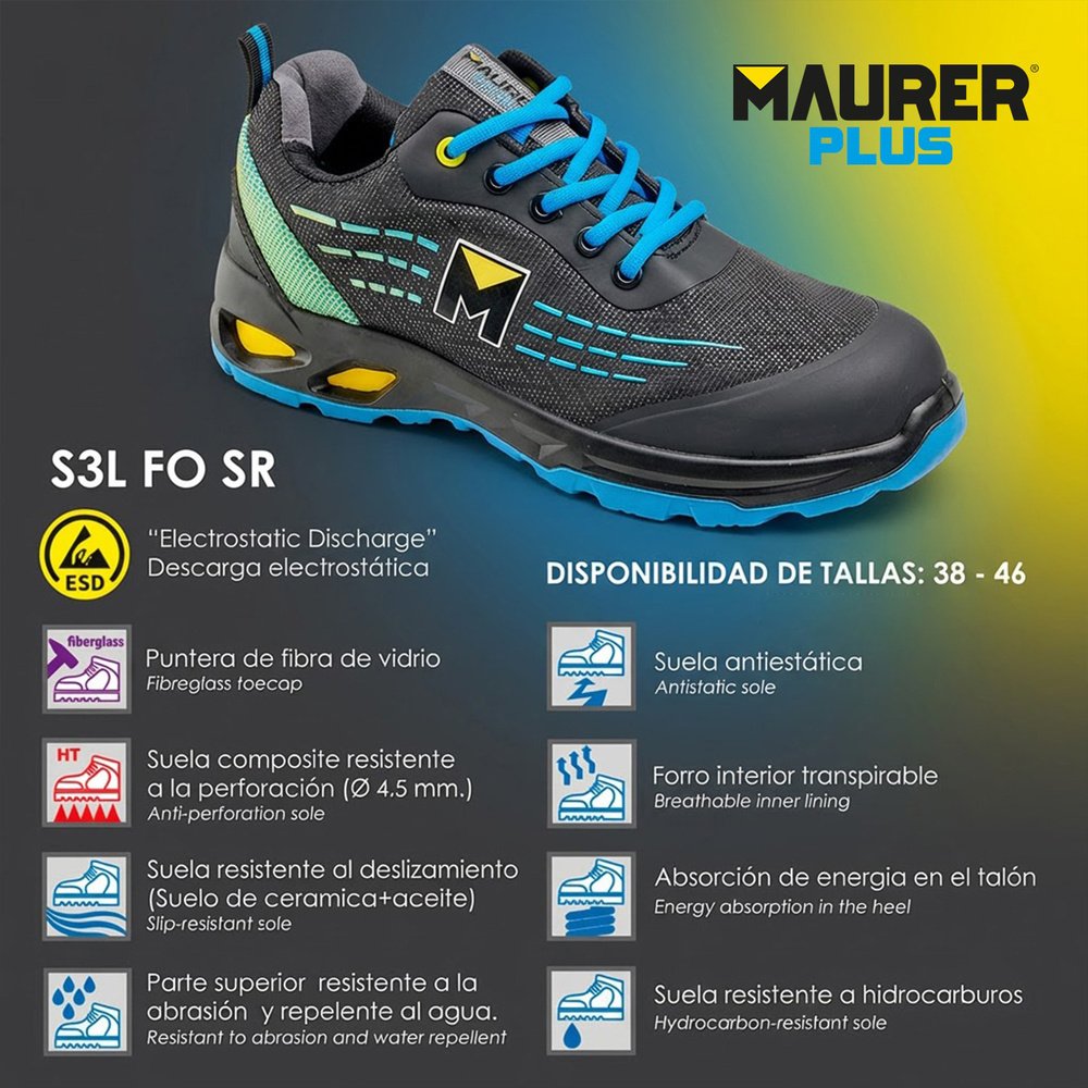 Deportiva Seg. Maurer S3L Modelo Lapis Antideslizante con suela y puntera antiperforación Resistente a los Hidrocarburos Nº 6 Deportiva Seg. Maurer S3L Modelo Lapis Antideslizante con suela y puntera antiperforación Resistente a los Hidrocarburos Nº
