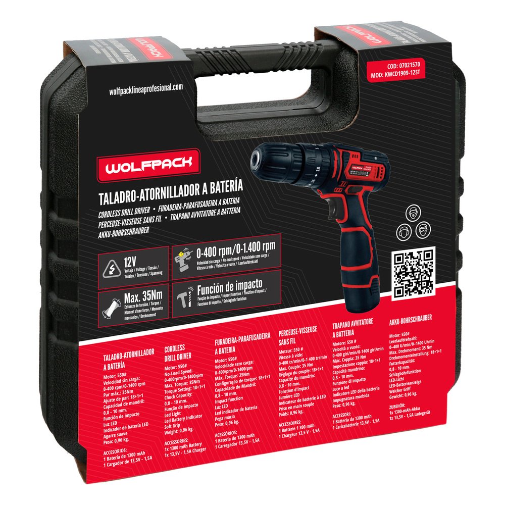 Taladro Atornillador 12 V. Con 2 Velocidades y Percutor. Bateria 1.300 mAh. Par Apriete 35 Nm.