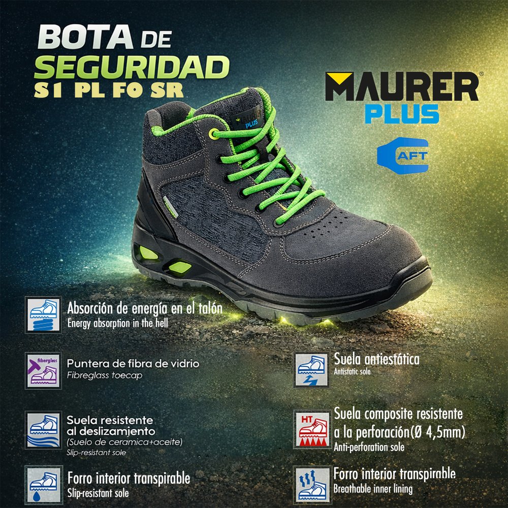 Botas Seguridad Maurer S1 Modelo Arlaz Antideslizante con suela y puntera antiperforación, Resistencia a los Hidrocarburos Nº