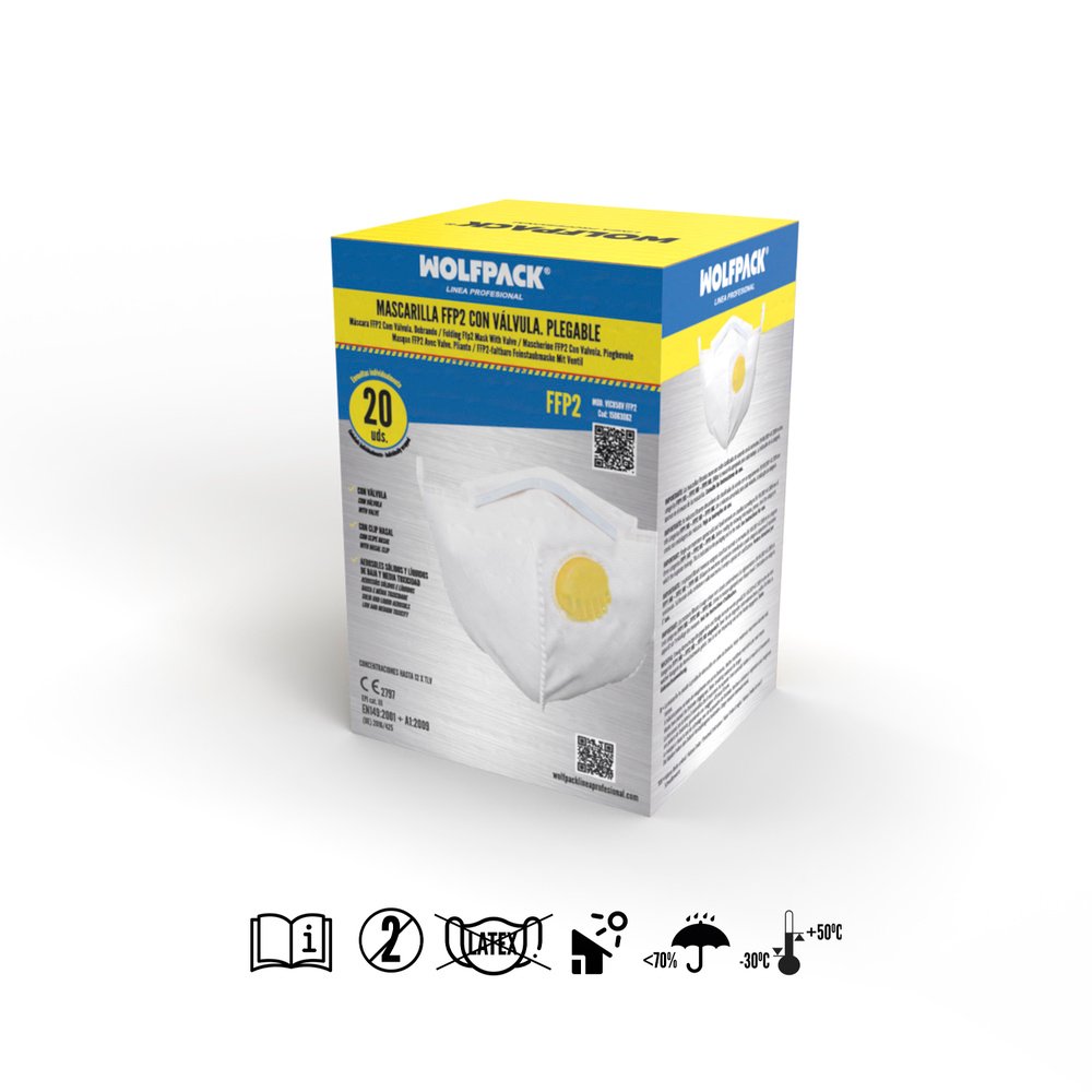 Mascarilla Respiratoria FFP2 Con Valvula. Plegable (20 Unidades) Envasadas Individualmente