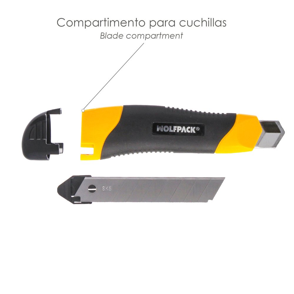 Cutter Con Hoja De 18 mm. Con 2 Hojas. Acero SK5. Agarre Engomado Bimaterial. Pulsador Seguridad Liberación hoja. Cuters Cutters 4 Cutter Con Hoja De 18 mm. Con 2 Hojas. Acero SK5. Agarre Engomado Bimaterial. Pulsador Seguridad Liberación hoja. Cuters Cutters