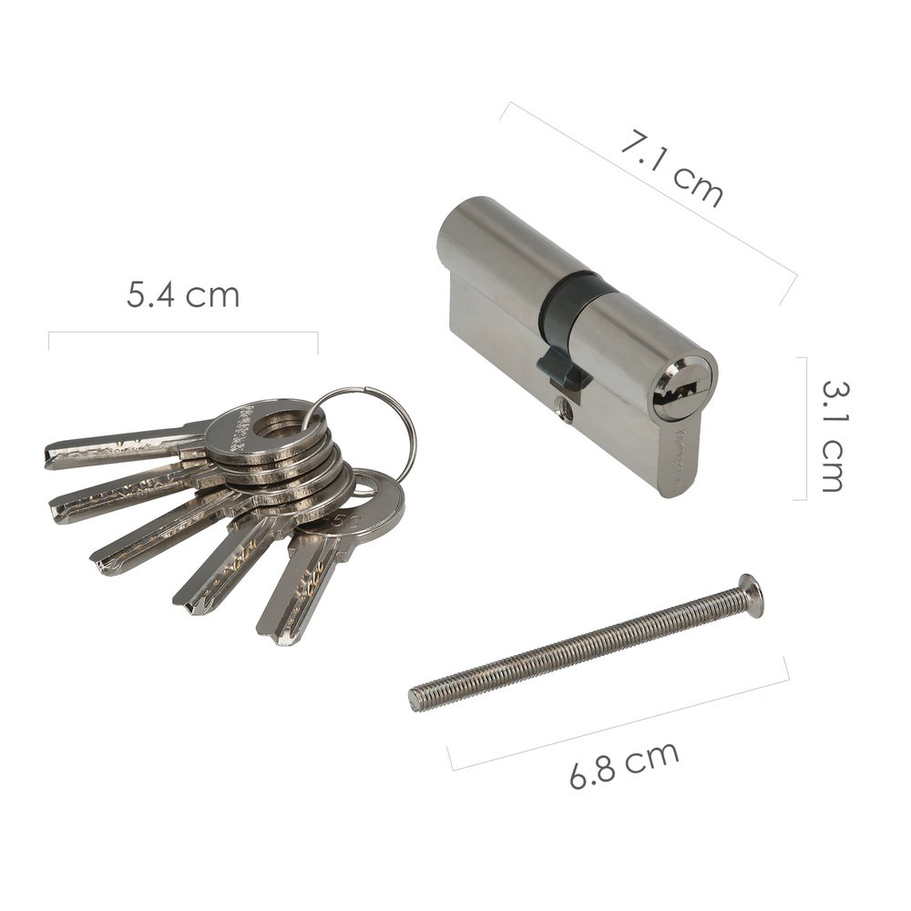 Cilindro Seguridad 30x40 mm/13,5 Leva Corta Niquelado Con 5 llaves 2 Cilindro Seguridad 30x40 mm/13,5 Leva Corta Niquelado Con 5 llaves
