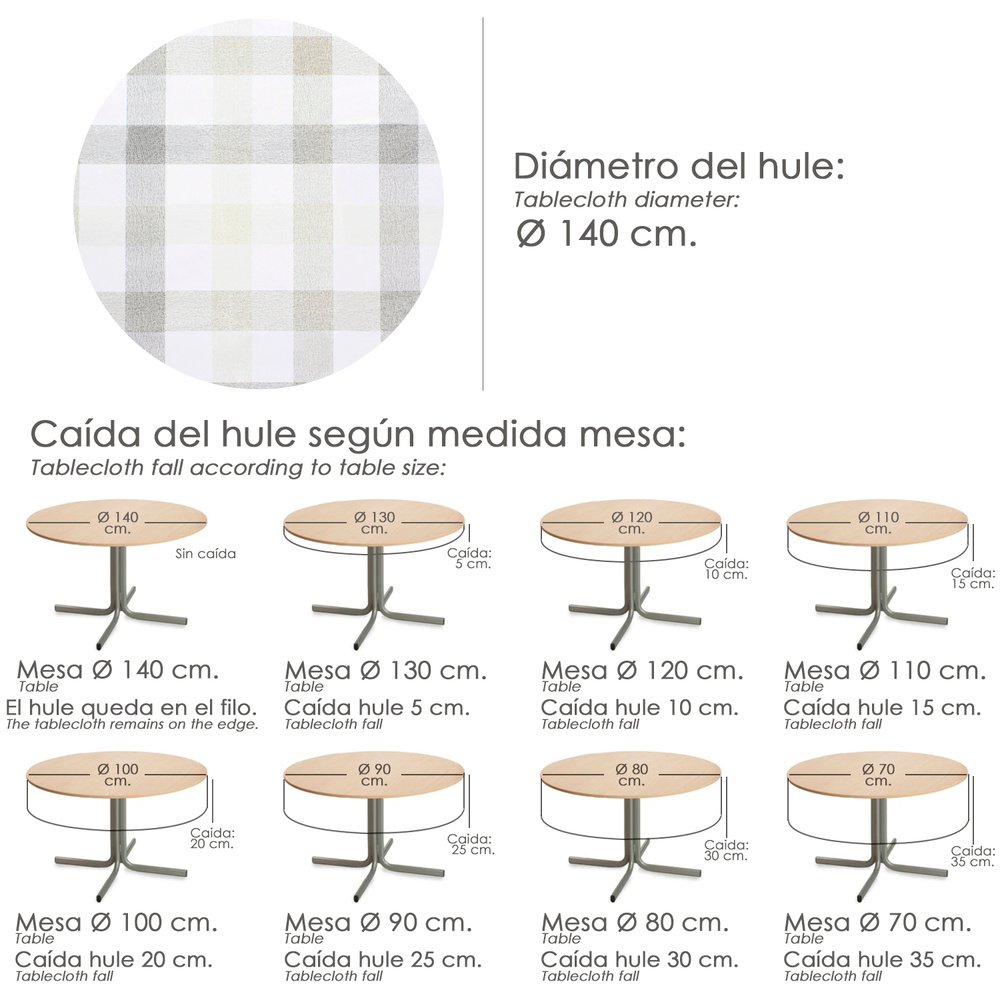 Mantel Hule Redondo Cuadros Beige Impermeable Antimanchas PVC Ø 140 cm. Uso Interior y Exterior