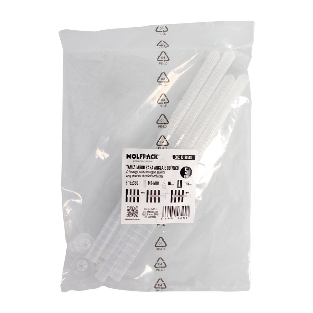 Tamiz Taco Quimico Largo Para Anclajes Quimicos Ø 16x330 mm. Seccionable (Bolsa 5 unidades) 4 Tamiz Taco Quimico Largo Para Anclajes Quimicos Ø 16x330 mm. Seccionable (Bolsa 5 unidades)