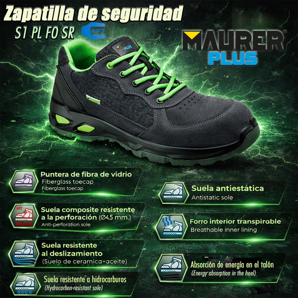 Zapatos Seguridad Maurer S1 Modelo Arlaz Antideslizante con Suela Composite y Resistencia a los Hidrocarburos. Talla 6 Zapatos Seguridad Maurer S1 Modelo Arlaz Antideslizante con Suela Composite y Resistencia a los Hidrocarburos. Talla