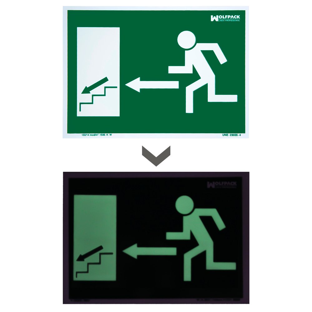 Cartel / Señal Fluorescente Salida Escalera Izquierda Abajo 30 x 21 (Alt.) cm.