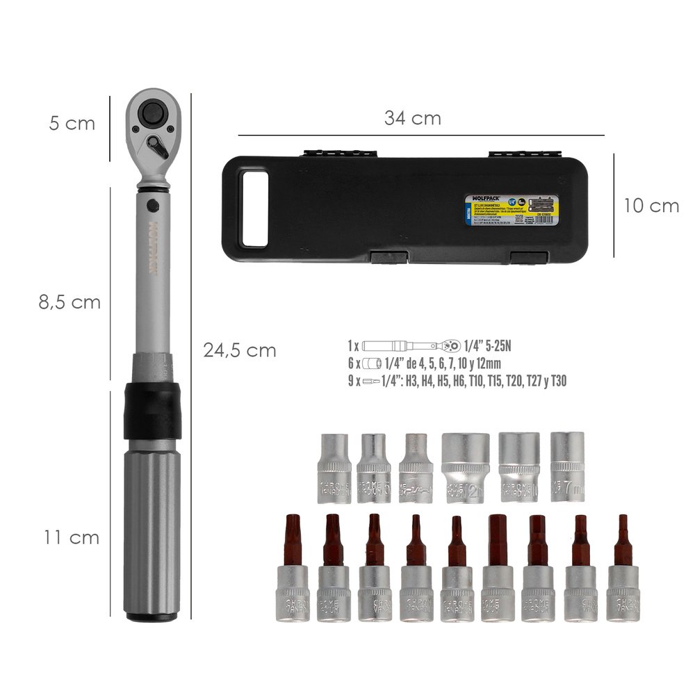 Llave Dinamometrica 1/4" Con 9 Puntas Hexagonales y 5 Vasos. Llave De Torque Camiones, Coches, Motos, Micro Ajustes, Acero CRV 3 Llave Dinamometrica 1/4" Con 9 Puntas Hexagonales y 5 Vasos. Llave De Torque Camiones, Coches, Motos, Micro Ajustes, Acero CRV