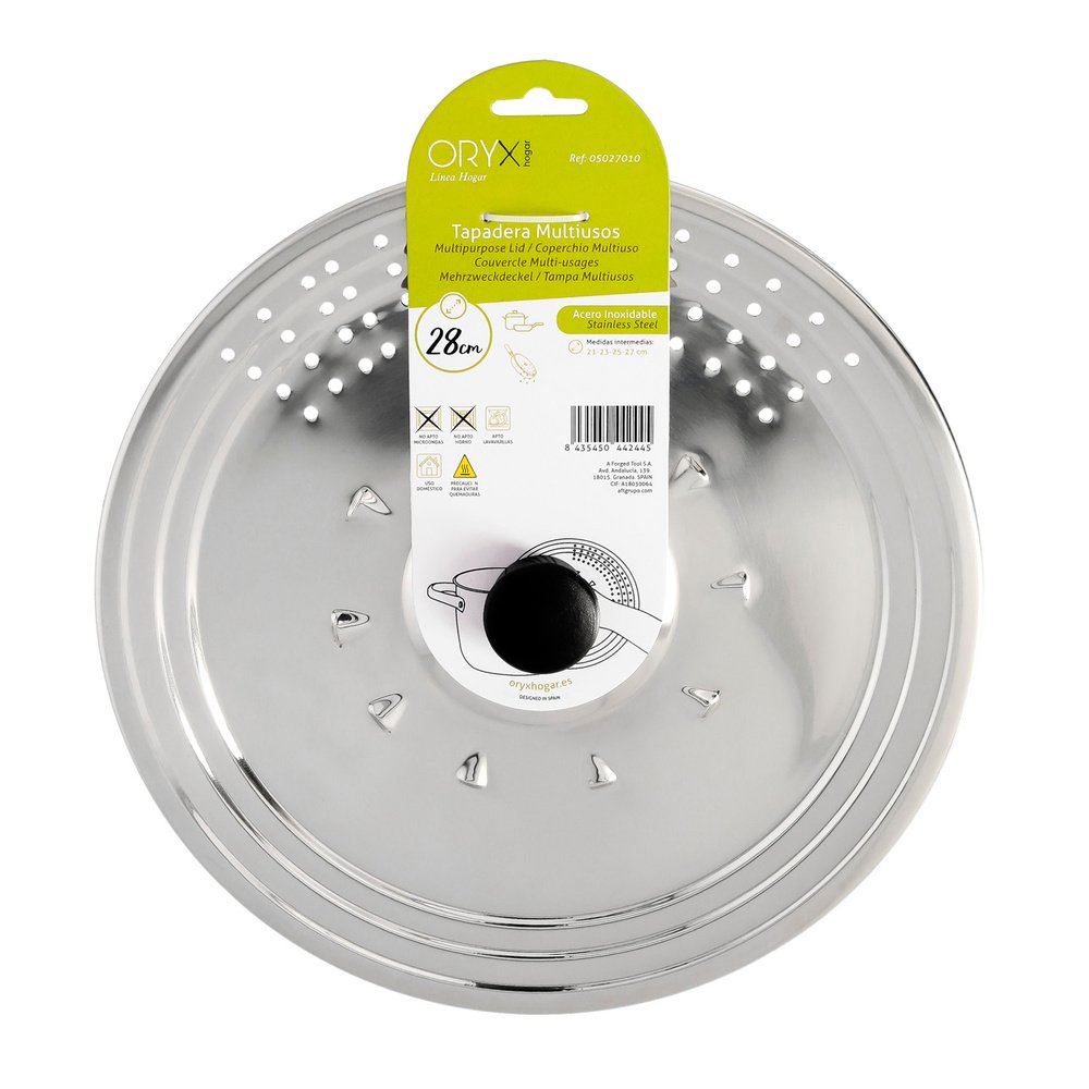 Tapadera Multiusos Acero Inoxidable Ø 28 cm. Uso Tapa Anti Salpicaduras y Escurridor. Tapadera Adpatable Diferentes Medidas