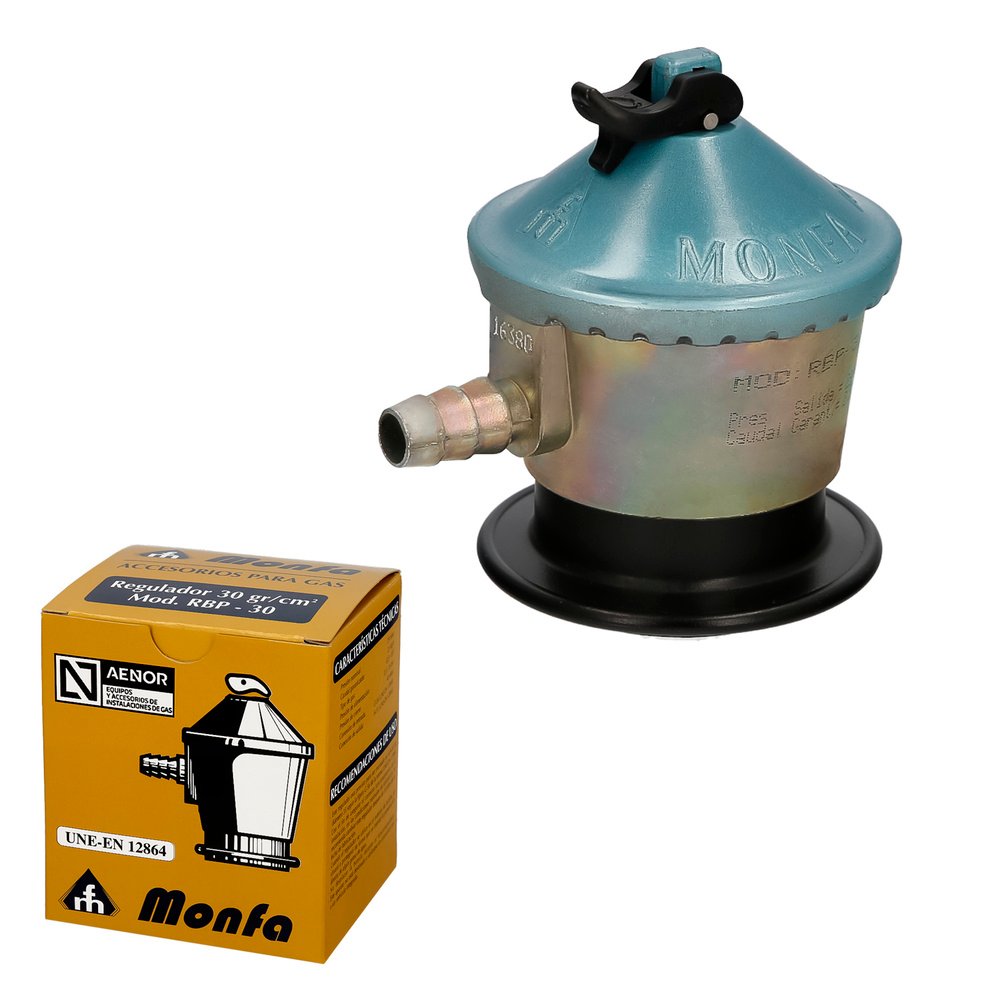 Regulador Gas Butano Monfa (30 Grms./cm2) Alcachofa Gas, Regulador Gas Butano. Presión 29 mbar. Caudal 2,5 Kg/hora 1 Regulador Gas Butano Monfa (30 Grms./cm2) Alcachofa Gas, Regulador Gas Butano. Presión 29 mbar. Caudal 2,5 Kg/hora