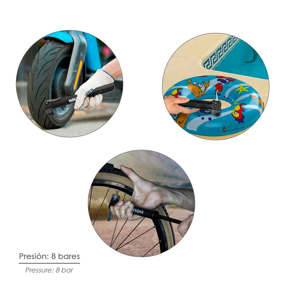 Bomba Para Bicicletas, Inflador Para Bicicleta, Bomba Patinete. Valvulas Schrader, Dunlop y Presta 8 Bares, Con soporte Bici 4 Bomba Para Bicicletas, Inflador Para Bicicleta, Bomba Patinete. Valvulas Schrader, Dunlop y Presta 8 Bares, Con soporte Bici