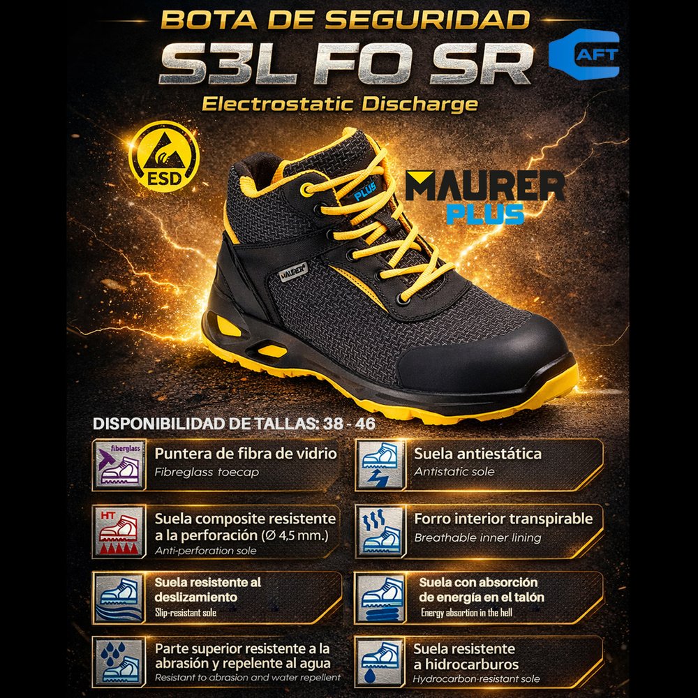 Botas Seguridad Maurer S3 Modelo Amerina Antideslizante con Suela Resistente a los Hidrocarburos. Talla