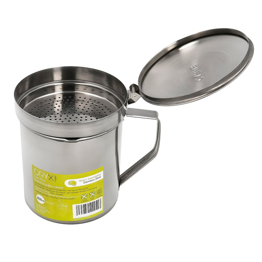 Grasera Acero Inoxidable Para Carne, Aceitera Aceite Usado 1,0 Lts. Con Colador y Tapa, Recipiente Reciclaje Aceite Usado Carne