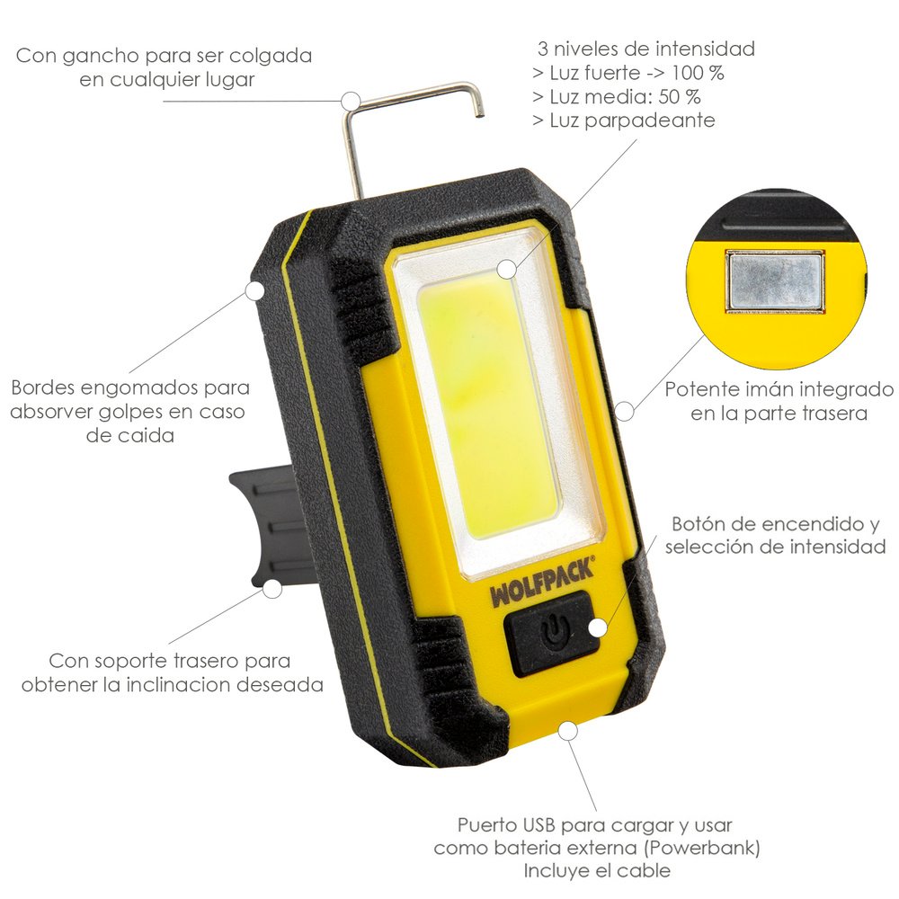 Linterna LED Profesional Compacta Engomada Bateria Recargable 500 Lumenes Con Función Powerbank, Iman, Soporte y Gancho 2 Linterna LED Profesional Compacta Engomada Bateria Recargable 500 Lumenes Con Función Powerbank, Iman, Soporte y Gancho