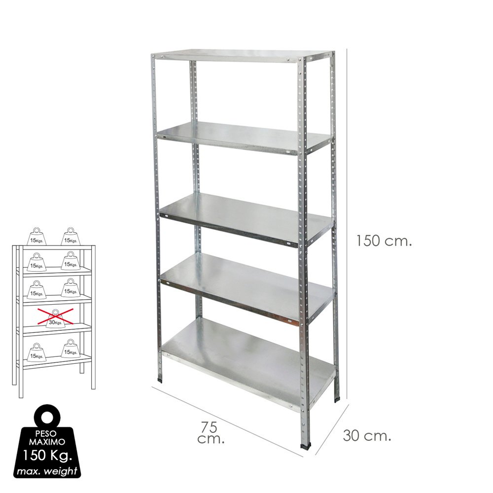 Estanteria Acero Galvanizado con 5 Baldas 150x75x30 cm. Baldas ajustables. Peso maximo 150 Kg.