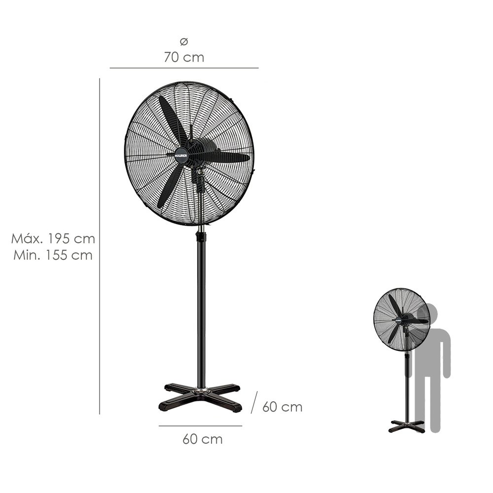 Ventilador Pie Ø 70 x195 cm. Negro 190 W. Oscilación Automatica, Altura Regulable, Cabezal Inclinable, Base Estable 60x60 cm. 2 Ventilador Pie Ø 70 x195 cm. Negro 190 W. Oscilación Automatica, Altura Regulable, Cabezal Inclinable, Base Estable 60x60 cm.