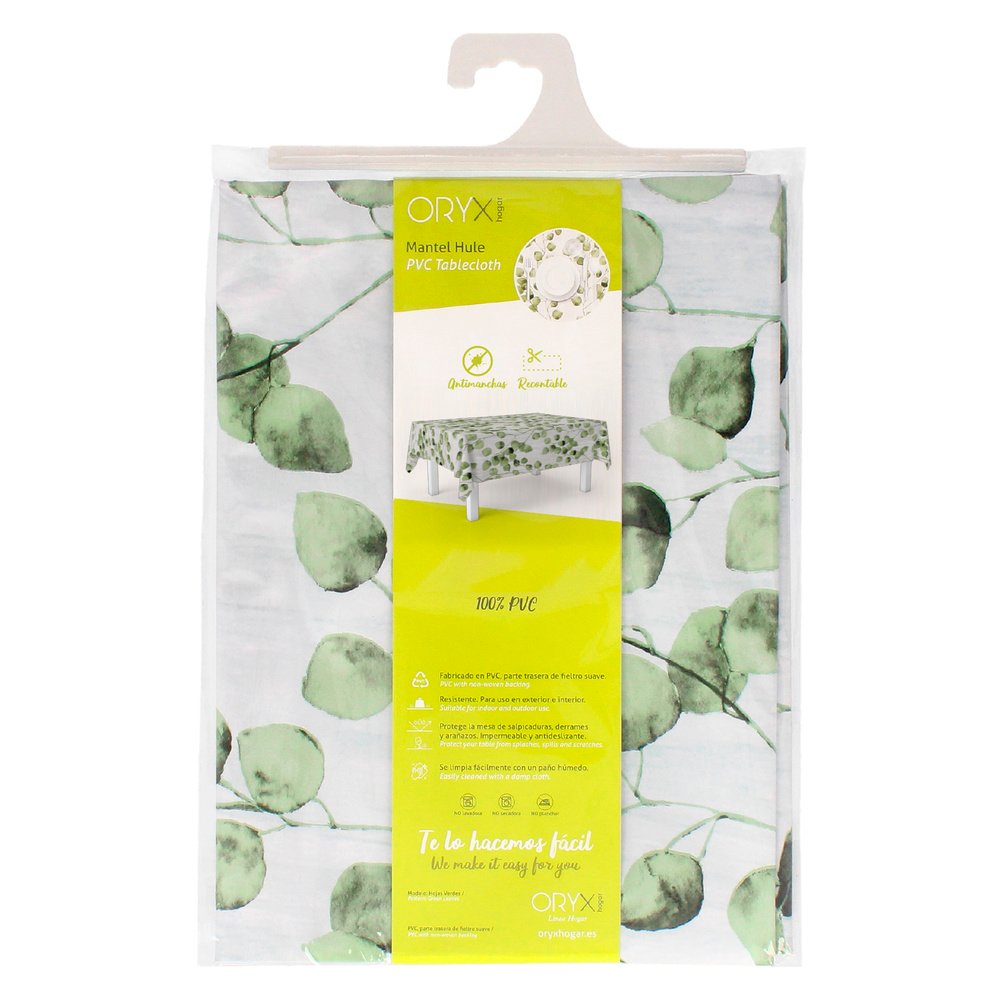 Mantel Hule Rectangular Hojas Verdes Impermeable Antimanchas PVC 140x250 cm.  Recortable Uso Interior y Exterior
