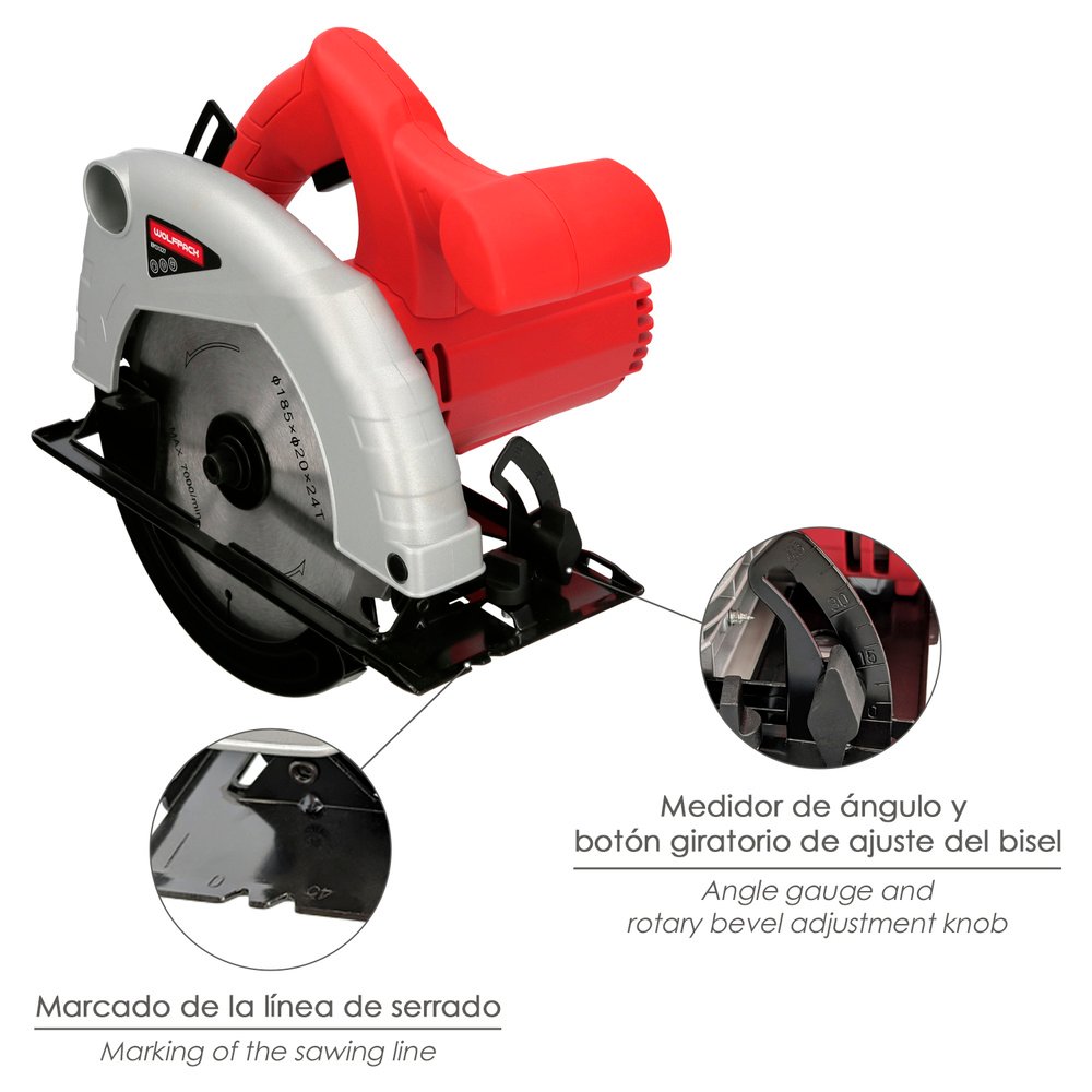 Sierra Circular 1300 Watt. Disco 185 mm. 4.800 RPM Corte a Inglete Con Regulador de Profundidad. Ingletadora, Sierra Madera. 3 Sierra Circular 1300 Watt. Disco 185 mm. 4.800 RPM Corte a Inglete Con Regulador de Profundidad. Ingletadora, Sierra Madera.