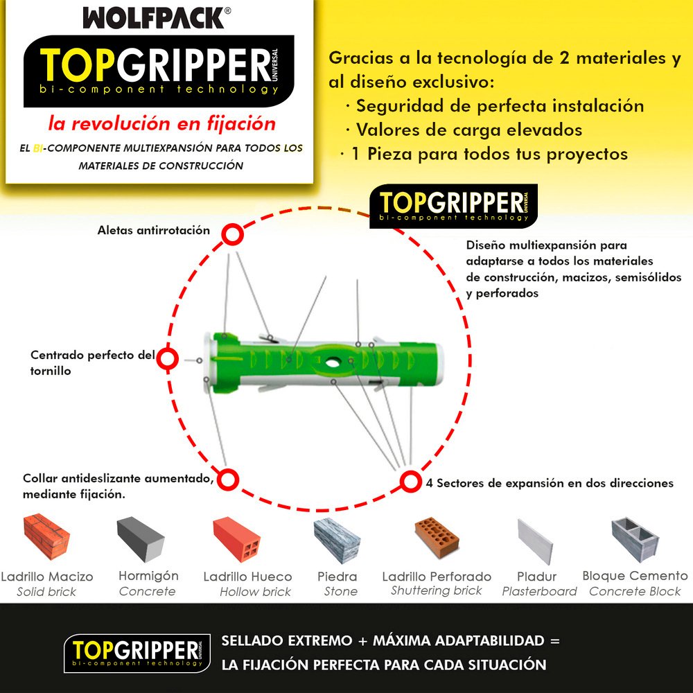 Cubo Tacos Topgripper Bimaterial Con Tornillos Ø 6 mm. 250 Piezas Taco Anclaje Universal, Taco Hormigon, Taco Pladur
