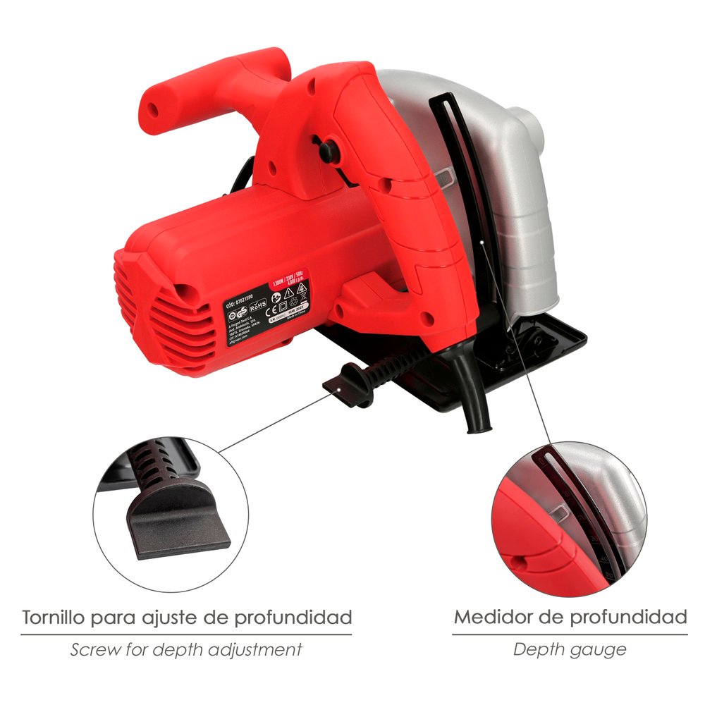 Sierra Circular 1300 Watt. Disco 185 mm. 4.800 RPM Corte a Inglete Con Regulador de Profundidad. Ingletadora, Sierra Madera. 4 Sierra Circular 1300 Watt. Disco 185 mm. 4.800 RPM Corte a Inglete Con Regulador de Profundidad. Ingletadora, Sierra Madera.