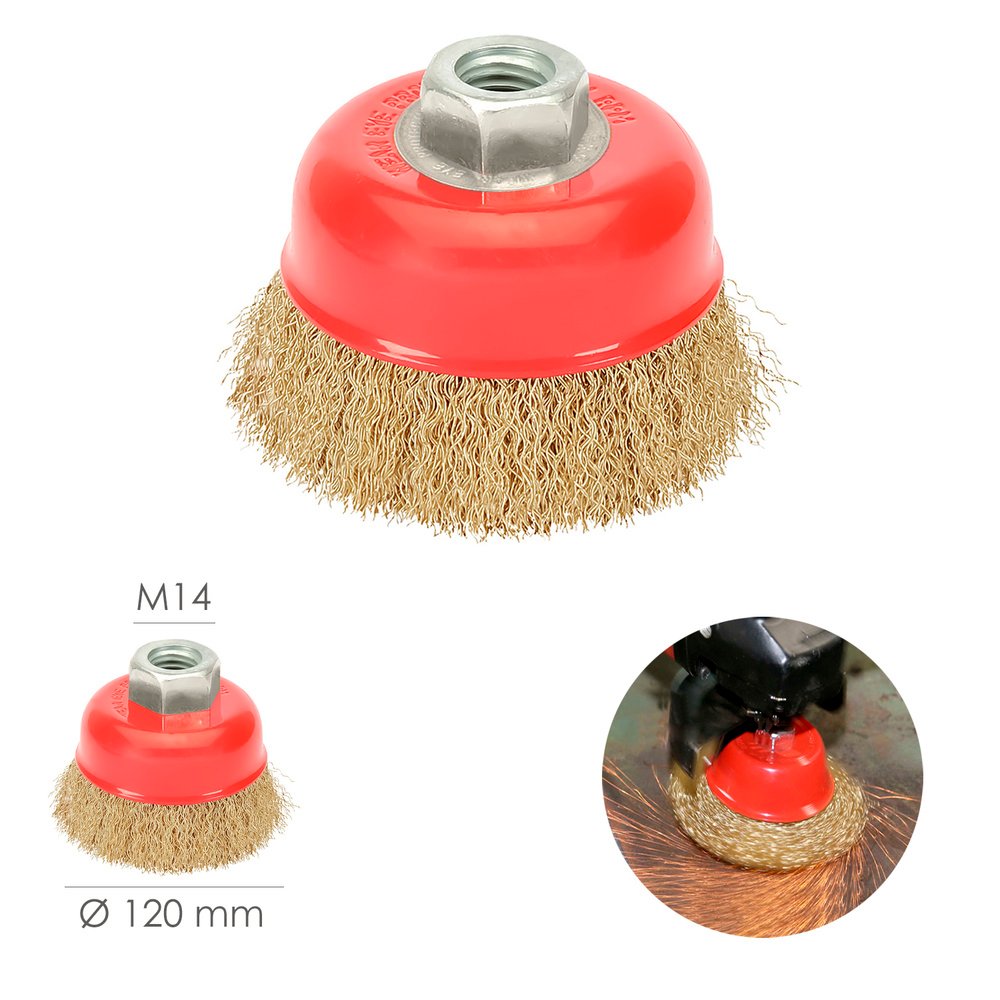 Cepillo Taza Con Alambre De Acero Latonado Rosca M14, Ø 120 mm. Alambre de Ø 0,30 mm. 2 Cepillo Taza Con Alambre De Acero Latonado Rosca M14, Ø 120 mm. Alambre de Ø 0,30 mm.