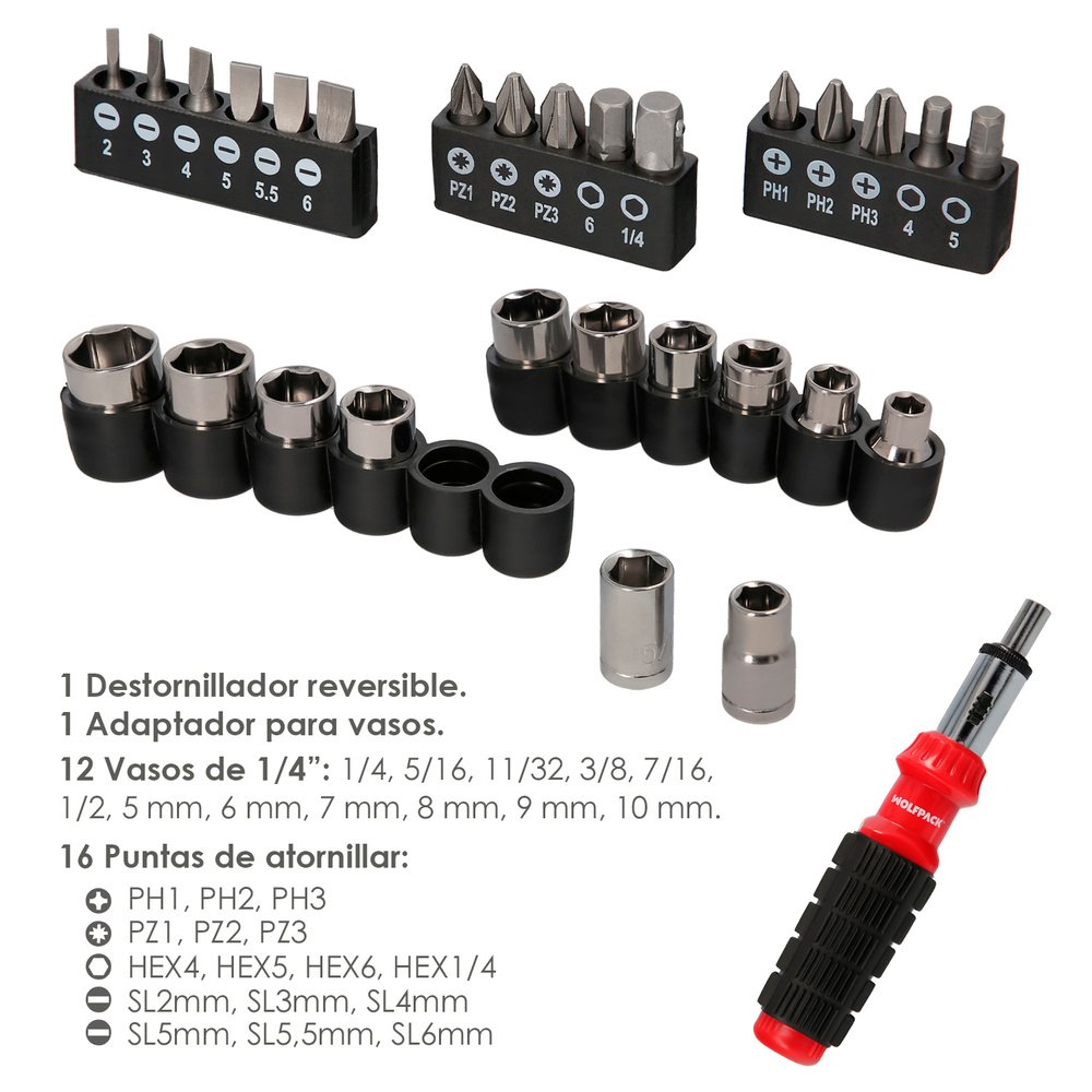 Juego Destornillador Carraca con 29 piezas. (12 vasos y 16 Puntas) 2 Juego Destornillador Carraca con 29 piezas. (12 vasos y 16 Puntas)