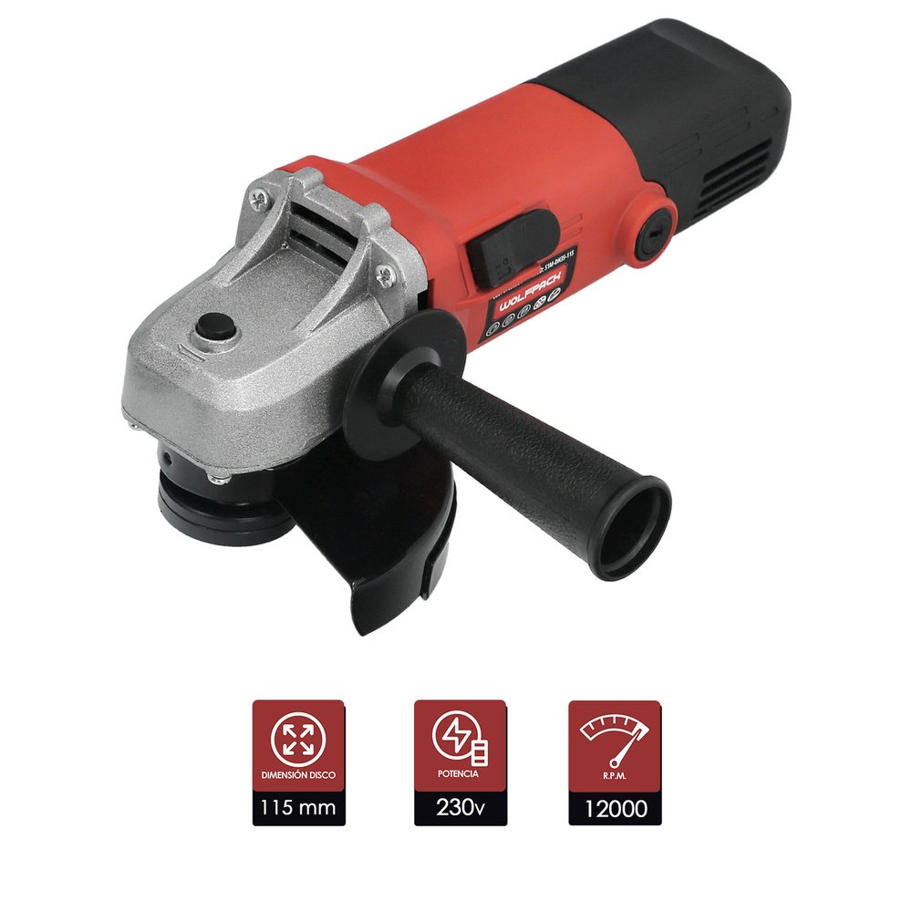 Amoladora 500 Watt. Ø 115 mm. 12.000 R.P.M. Eje M14 Protector Disco Ajustable, Anti arranque 2 Amoladora 500 Watt. Ø 115 mm. 12.000 R.P.M. Eje M14 Protector Disco Ajustable, Anti arranque