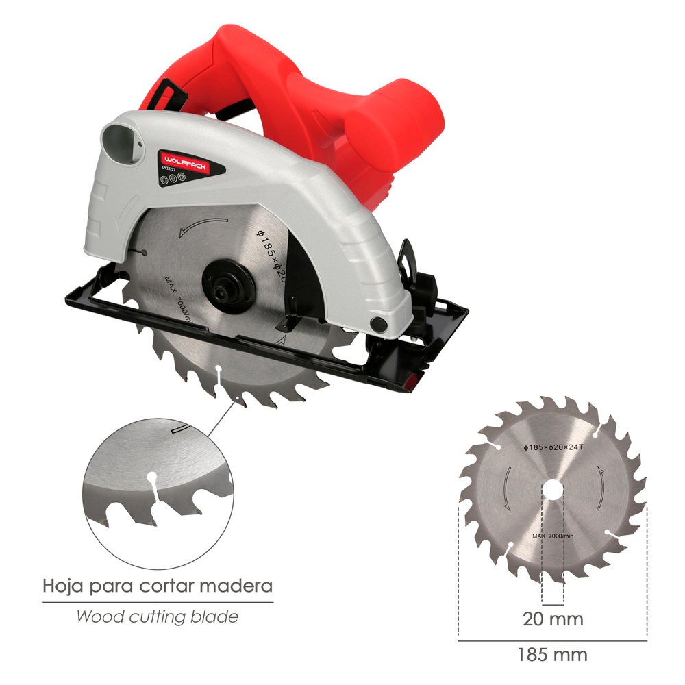 Sierra Circular 1300 Watt. Disco 185 mm. 4.800 RPM Corte a Inglete Con Regulador de Profundidad. Ingletadora, Sierra Madera. 5 Sierra Circular 1300 Watt. Disco 185 mm. 4.800 RPM Corte a Inglete Con Regulador de Profundidad. Ingletadora, Sierra Madera.