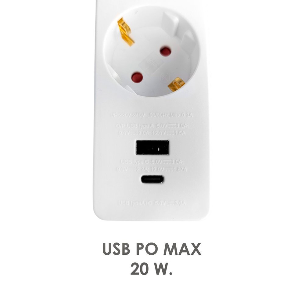 Base Multiple 3 Tomas Schucko y 2 tomas USB (A / C) Con Interruptor y Toma de Tierra 4 Base Multiple 3 Tomas Schucko y 2 tomas USB (A / C) Con Interruptor y Toma de Tierra