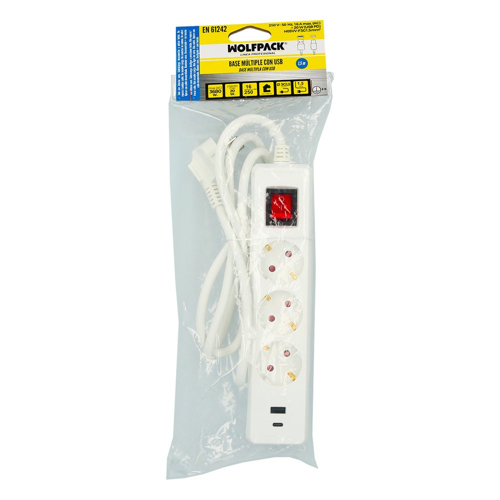 Base Multiple 3 Tomas Schucko y 2 tomas USB (A / C) Con Interruptor y Toma de Tierra 5 Base Multiple 3 Tomas Schucko y 2 tomas USB (A / C) Con Interruptor y Toma de Tierra